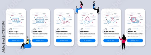 Business icons set. UI phone app screens with teamwork. Included icon as Like, Freezing, Photo studio signs. Growth chart, Latex mattress, Truck parking line icons. Vector