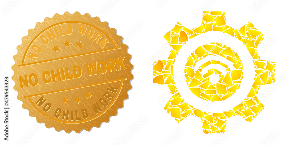 Golden collage of yellow items for wifi smart gear icon, and golden metallic No Child Work stamp seal. Wifi smart gear icon collage is composed of scattered golden particles. Golden collage of yellow items for wifi smart gear icon, and golden metallic No Child Work stamp seal. Wifi smart gear icon collage is composed of scattered golden particles.