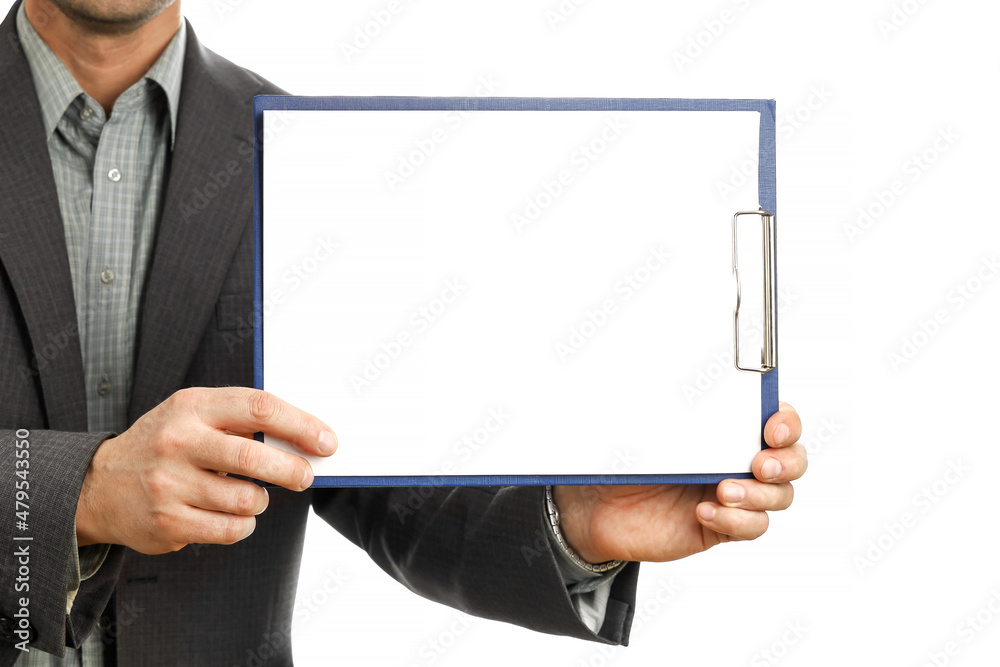 Businessman in suit holds clipboard and shows on it mockup, place for text and presentation, isolated on white background close-up Businessman in suit holds clipboard and shows on it mockup, place for text and presentation, isolated on white background close-up