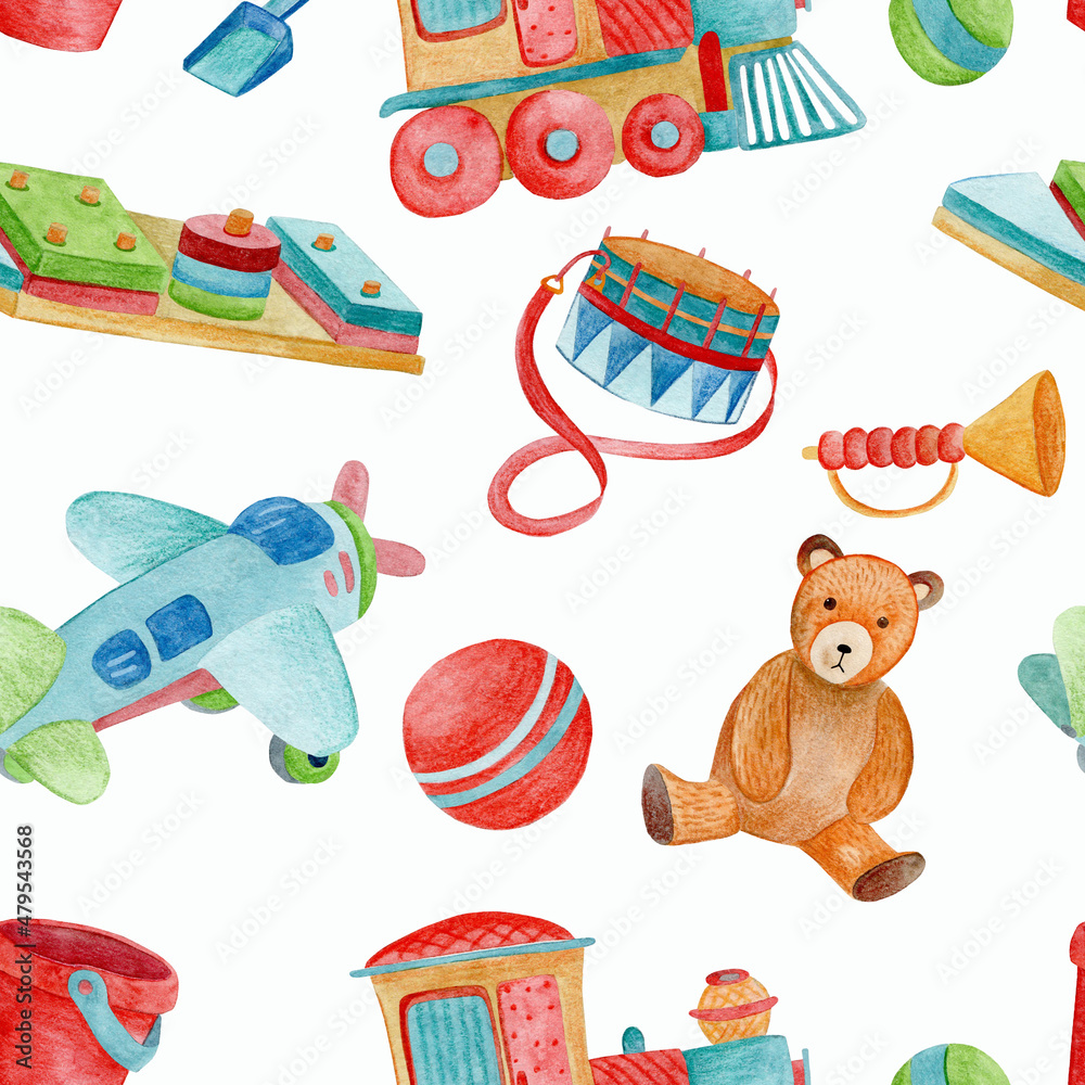 Drawing Pattern Making Toy Seamless pattern. Bright toys for children: a ball, a train, a boat, a ...
