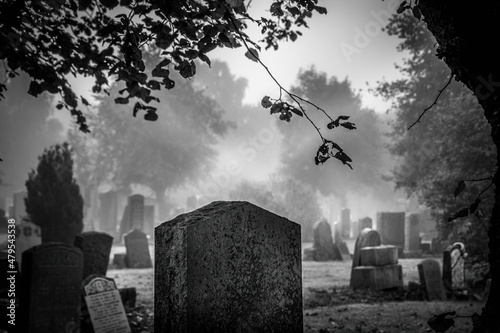 cemetery foggy black and white Cambusnethan cemetery Scotland 