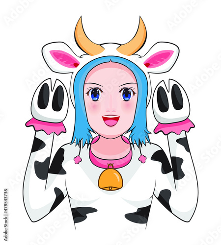 cute young woman or lady or teen costume or cosplay or dress in and action as black and white cow or OX one of twelve Chinese zodiac year drawing in cartoon vector