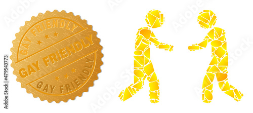 Golden combination of yellow elements for friends meeting icon, and golden metallic Gay Friendly stamp seal. Friends meeting icon composition is composed with randomized golden spots.