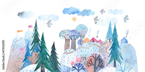 Obraz Watercolor illustration. Magical winter landscape. Cute village on the hill. Wild animals in the winter forest.