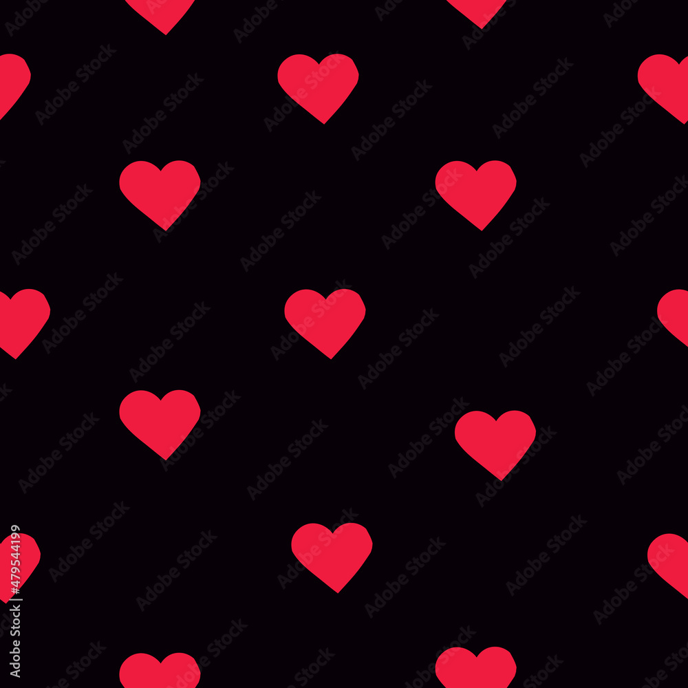 A simple pattern of hearts. Black background, cute red hearts. Print is well suited for textiles, banners and Wallpapers, packaging.