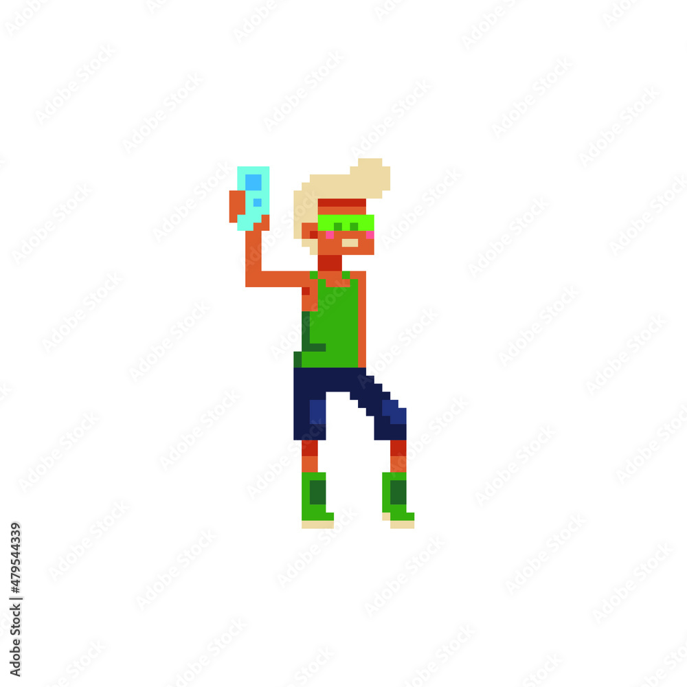 Obraz premium Guy with smartphone teenager and student, pixel art fashion boy character. Young man holding phone. Isolated vector illustration.