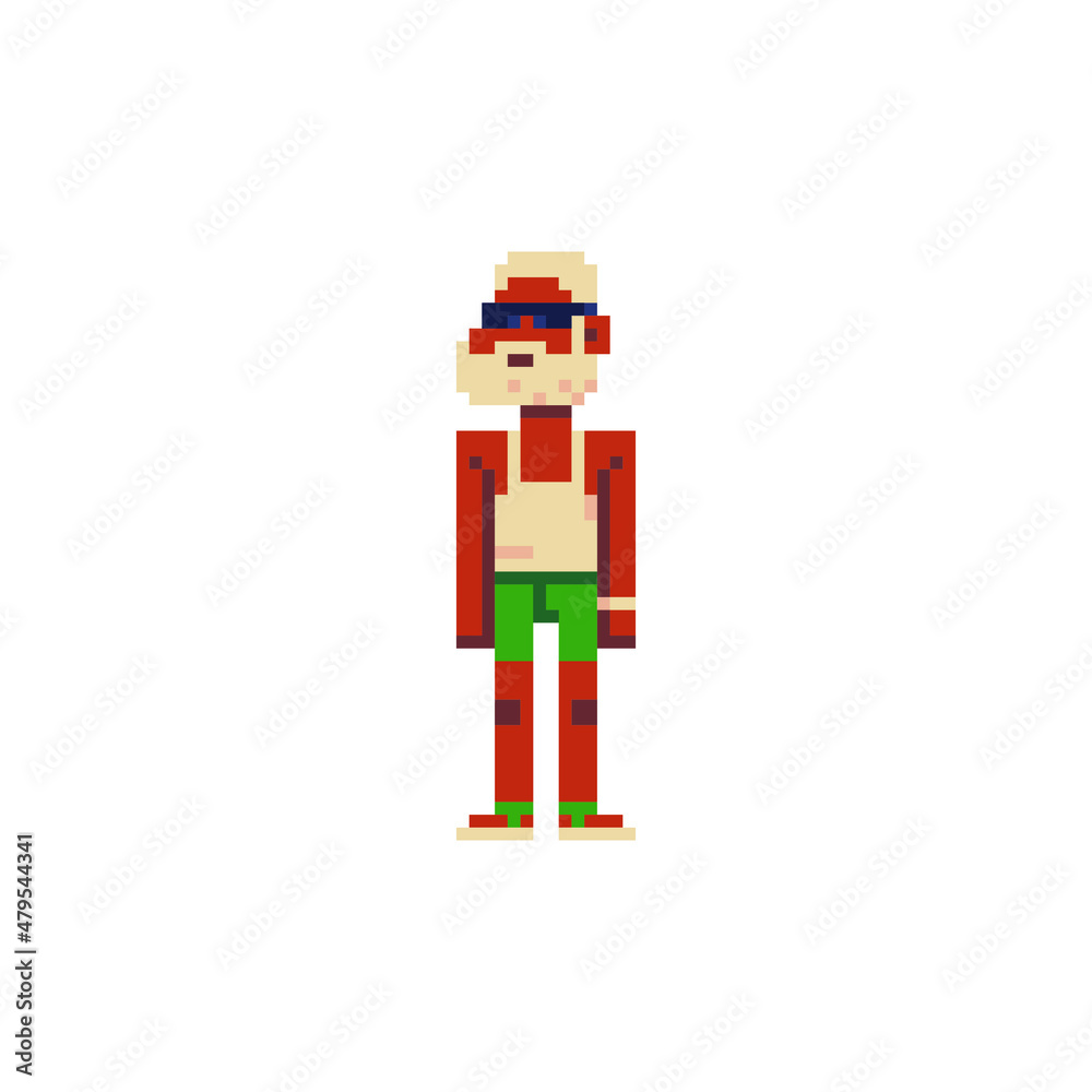 Old sunburnt fashion gray-haired man with a beard and glasses, pixel art character. Avatar, portrait, profile picture. Flat style. Game assets. 8-bit. Isolated vector illustration.