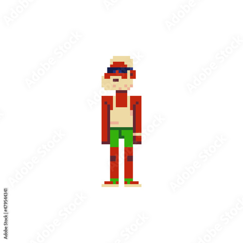 Old sunburnt fashion gray-haired man with a beard and glasses, pixel art character. Avatar, portrait, profile picture. Flat style. Game assets. 8-bit. Isolated vector illustration.