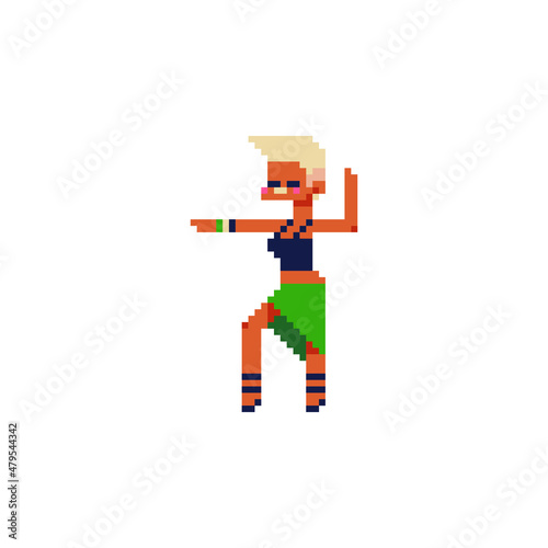 Dancing young blonde fashion girl character. Pixel art flat 80s style. Game assets. 8-bit. Isolated abstract vector illustration.