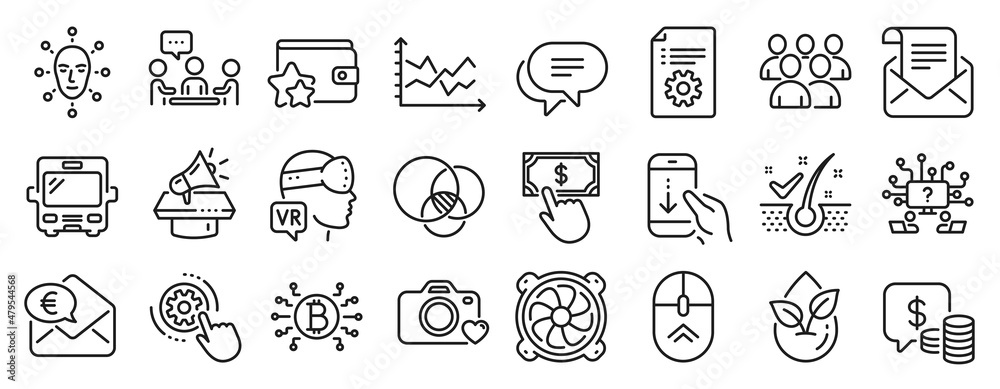 Set of Technology icons, such as Organic product, Coins, Group icons. Megaphone, Payment click, Teamwork question signs. Scroll down, Euler diagram, Bus. Cogwheel settings, Swipe up. Vector