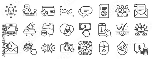 Set of Technology icons  such as Organic product  Coins  Group icons. Megaphone  Payment click  Teamwork question signs. Scroll down  Euler diagram  Bus. Cogwheel settings  Swipe up. Vector