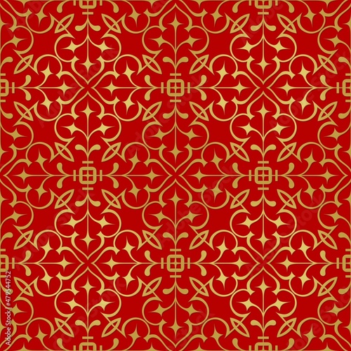 Red gold seamless pattern with regular embellishments..Background like luxury wrapping paper..Design for printing paper as a gold background.