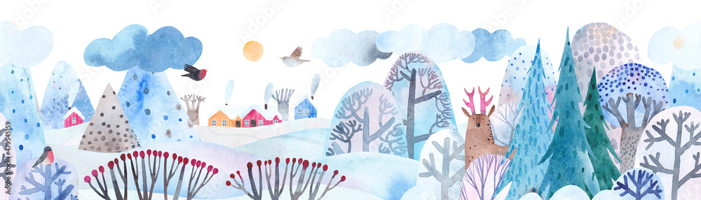 Fototapeta Watercolor illustration. Magical winter landscape. Horizontal seamless pattern. Cute village on the hill. Horizontal seamless pattern.