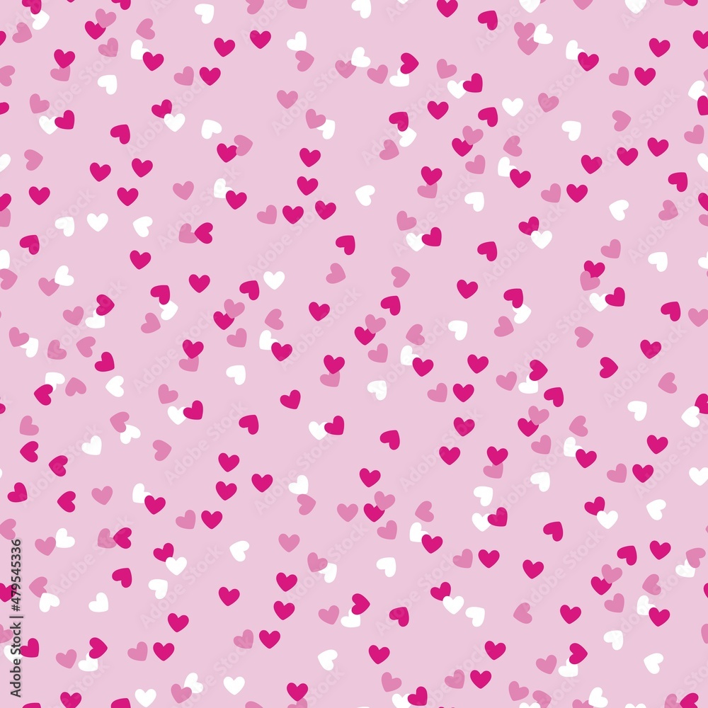 simple pink confetti hearts pattern .Print for a Valentine's day card. Vector texture.