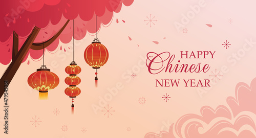 Horizontal festive banner with sakura and lanterns. Happy Chinese New Year. Vector illustration.