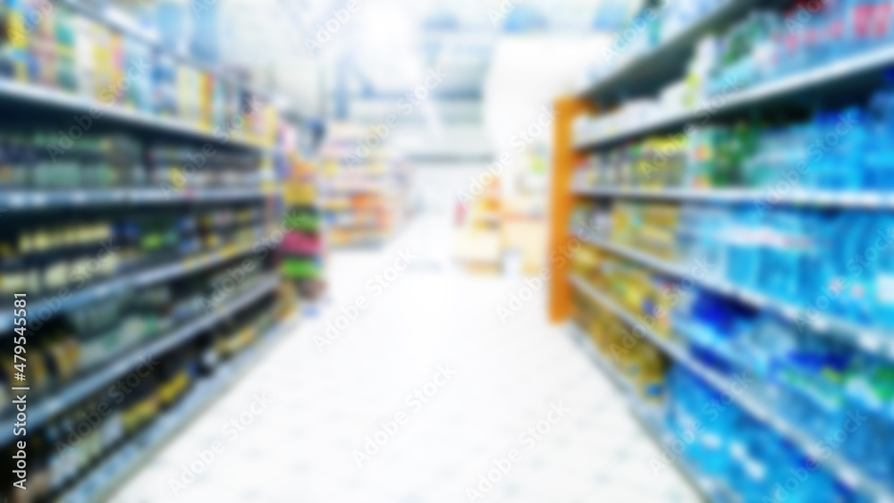 Abstract blur image of supermarket background. Defocused shelves with food. Grocery Store. Retail industry. Rack. Discount price. Inflation and economic crisis concept. Aisle. Economic recession.