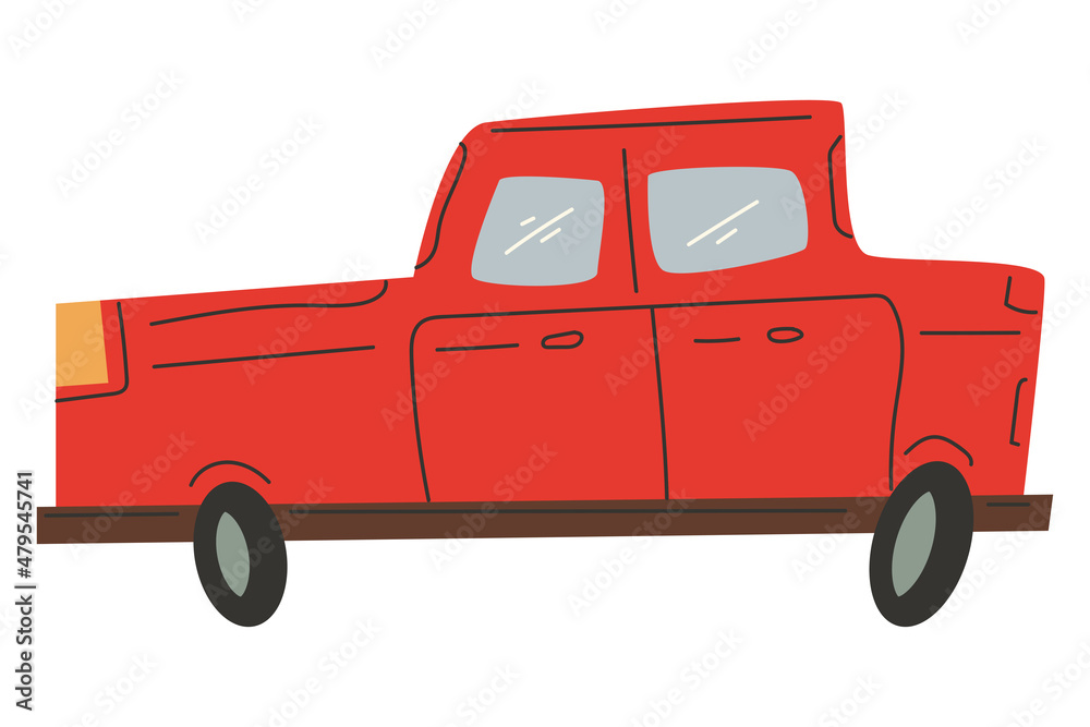 Red doodle kids car vector cartoon illustration isolated on a white background.