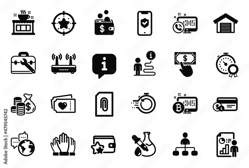 Vector Set of Business icons related to Phone protection, World communication and Loyalty program icons. Attachment, Fast recovery and Chemistry experiment signs. Parking garage, Web call. Vector