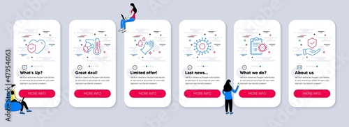 Set of Medical icons, such as Washing hands, Coronavirus report, Life insurance icons. UI phone app screens with teamwork. Sick man, Coronavirus, Insurance hand line symbols. Vector