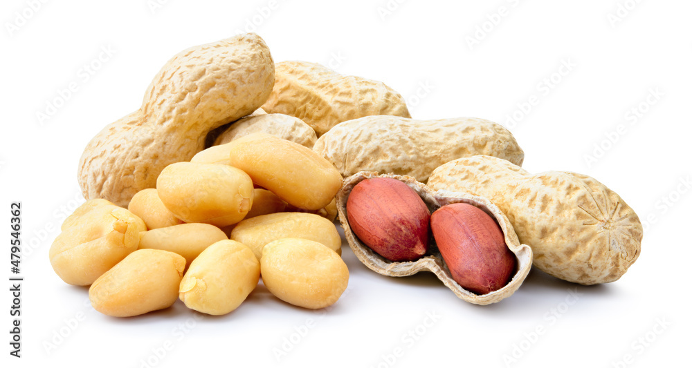 Peanut isolated. Peanuts on white background. Group of peeled and unpeeled nuts. Full depth of field. Peanut isolated. Peanuts on white background. Group of peeled and unpeeled nuts. Full depth of field.