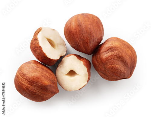 Hazelnut isolated. Hazelnuts on white background. Hazel top view. With clipping path. Full depth of field.