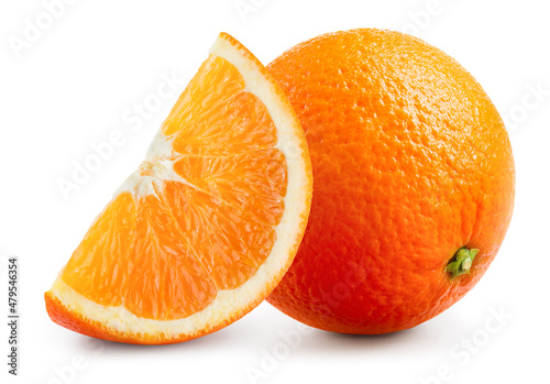 Orange fruit with slice isolated. Orang whole and cut on white background. Full depth of field.