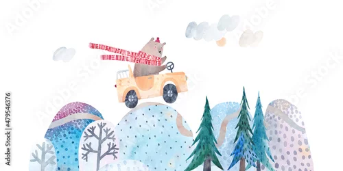 Obraz Winter snowy landscape with road, spruce and hills. Cute bear is driving on an extreme road. Watercolor illustration.