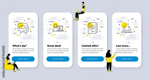 Vector Set of Science icons related to Weather forecast, Online education and Document signature icons. UI phone app screens with people. Nasal test line symbols. Vector