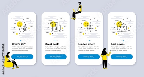 Vector Set of Medical icons related to Coronavirus, Blood and saliva test and Problem skin icons. UI phone app screens with people. Vaccine protection line symbols. Vector