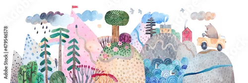 Obraz Fajny miś jadący pagórkowatą drogą. Górska przygoda.