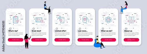 Vector Set of Technology icons related to Upload photo, Communication and Atom icons. UI phone app screens with teamwork. Location app, Reject checklist and Speakers line symbols. Vector