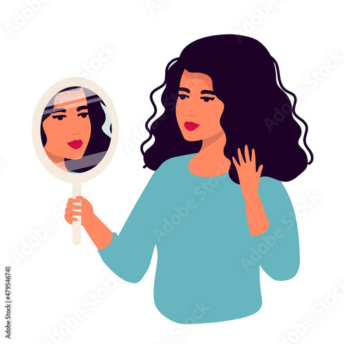 Hand drawn vector illustration of young woman looks on her reflection in mirror with love. Cartoon flat style flat isolated