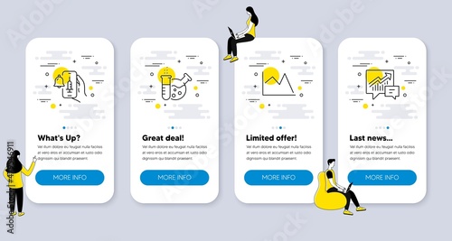 Set of Science icons, such as Line chart, Vaccine announcement, Chemistry lab icons. UI phone app screens with people. Accounting line symbols. Financial graph, Vaccination bell, Laboratory. Vector