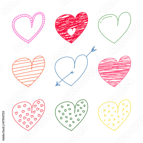 Collection of colorful vector hearts icons in doodle style - drawing creative design. Cute vector painting symbols