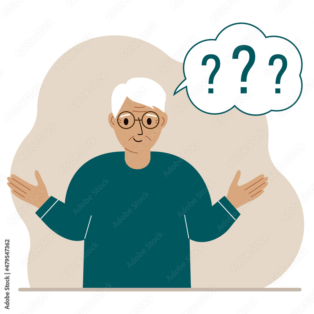 Conceptual illustration of a grandfather who has many questions and question marks in his mind. Conceptual illustration of a grandfather who has many questions and question marks in his mind.