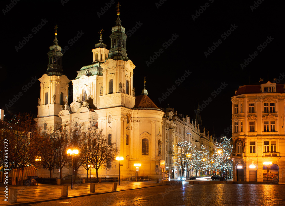 Prague at night, Church of St. Nicholas on the city square, cityscape