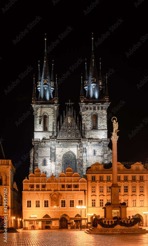 Prague at night, Tyn Church on the city square, cityscape