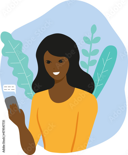 black woman with smartphone in flat style and with plants