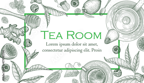 Vector illustration of a horizontal banner template for a teahouse. Graphic linear green tea cup, teapot, spoon, honey, lemon, mint, ginger, tea bags, mint, raspberry, tea leaves