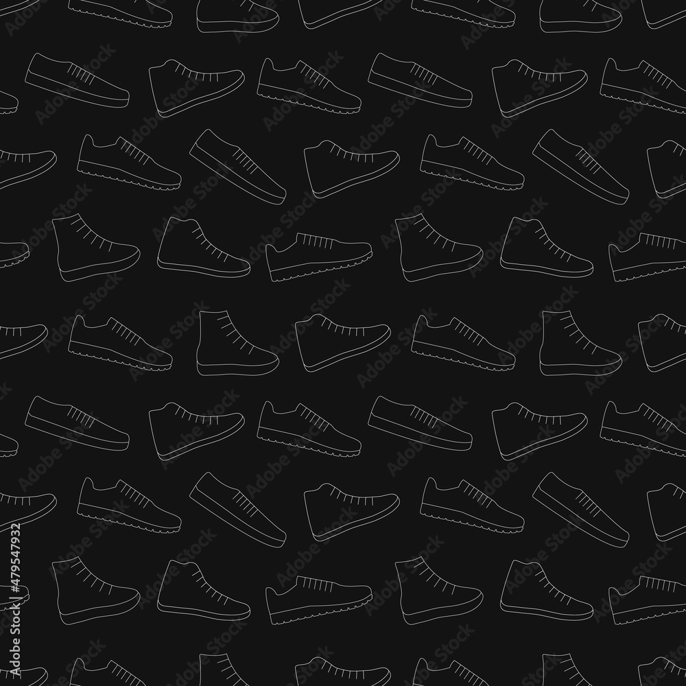 Sneakers shoes vector background seamless repeating pattern. Men and women sport footwear. Thin line style. Editable template.
