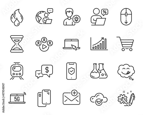 Vector set of Engineering, Outsource work and 5g notebook line icons set. Phone protection, Cloud computing and Video conference icons. Time, Smartphone and Train signs. Engineering web symbol. Vector