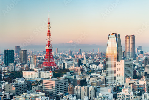Tokyo Skyline with view of Tokyo Tower and Mount Fuji at sunrise photo
