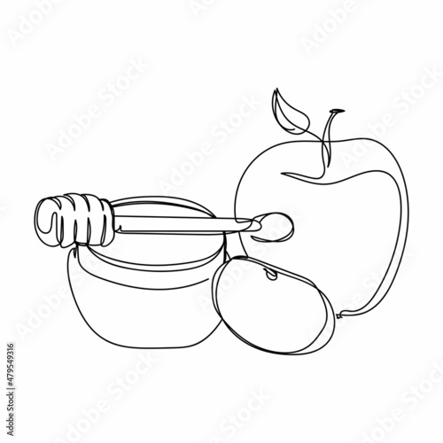 Continuous one simple single abstract line drawing of apples and honey jar icon in silhouette on a white background. Linear stylized.