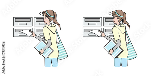 ポスティングをする若い女性　夏