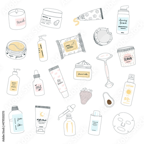 Skincare products icons. Eye cream, hand cream, eye patch, beauty oil, toner, serum, moisturizer, serum, lip balm, cleansing foam, eye patch, facial mask