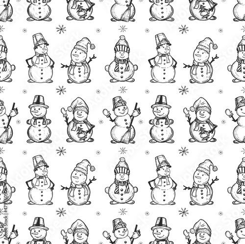 Seamless pattern with vintage hand drawn sketch of snowmen and snowflakes. seamless pattern drawing. snowmen and snowflakes vector. eps © bleskk