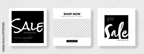 Sale social media layouts, square design, black and white graphic, shop now, minimal bargain graphic for instagram and facebook posts, place for photos