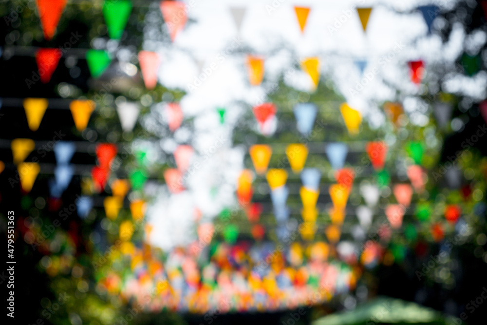 Many multicolored triangular flags adorn the blurred garden.