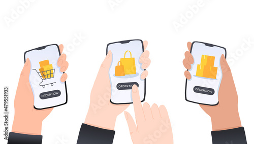 Multiracial Hands holding smartphone with order now button on the screen. E-commerce flat design concept. Using mobile smart phone for online purchasing. Order from home.