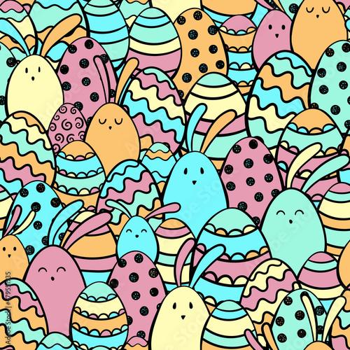 Fun hand drawn Easter seamless pattern, cute bunnies and Easter eggs, great for textiles, banners, wallpapers, wrapping - vector design